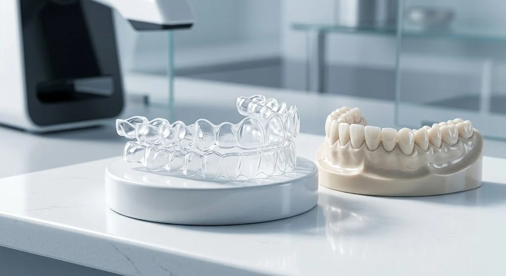 Alineadores transparentes junto a un modelo dental