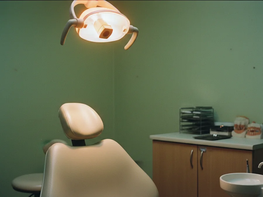 Sillón dental con la lámpara de tratamiento encendida (imagen ilustrativa).